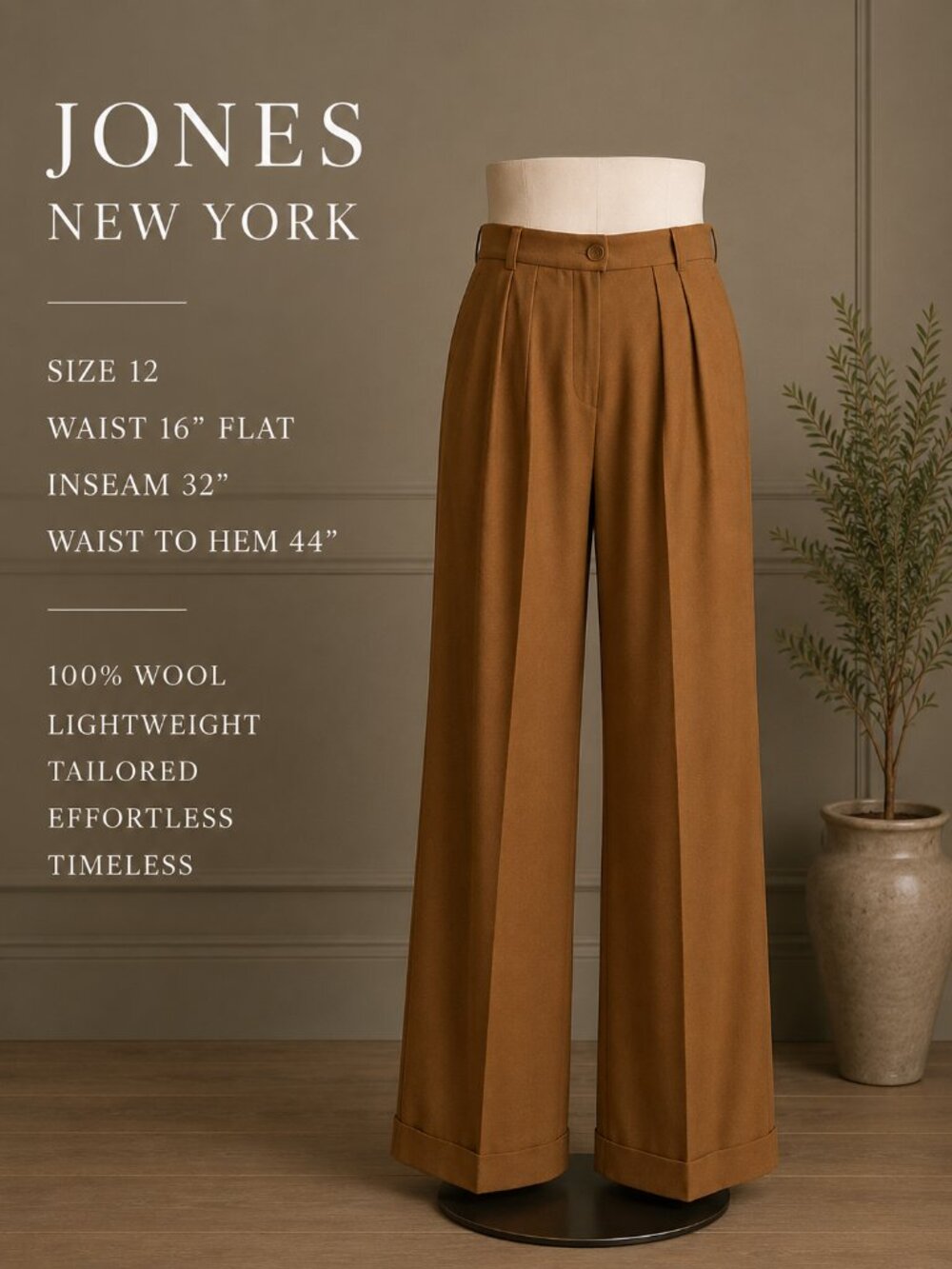 Jones New York Camel Wool Wide Leg Pleated Trousers Size 12 Quiet Luxury